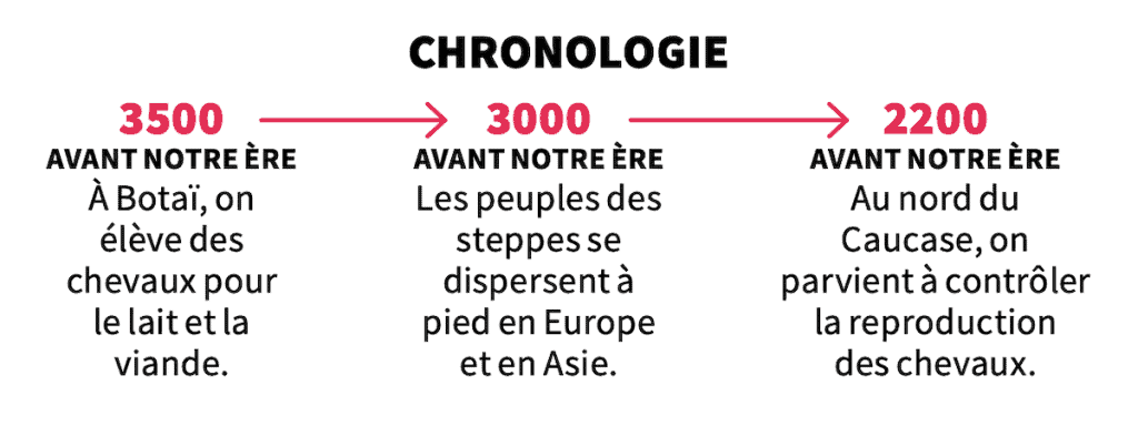 Chronologie:
3500 ans avant notre ère: À Botaï, on élève des chevaux pour le lait et la viande.
3000 ans avant notre ère: Les peuples des steppes se dispersent à pied en Europe et en Asie.
2200 ans avant notre ère: Au nord du Caucase, on parvient à contrôler la reproduction des chevaux.