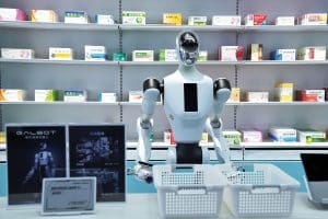Photo. Un robot humanoïde se tient au comptoir d'un magasin. Derrière lui, un mur avec plusieurs tablettes sur lesquelles sont posées des boîtes de produits. Devant le robot, sur le comptoir, se trouvent deux bacs de plastique vides.
