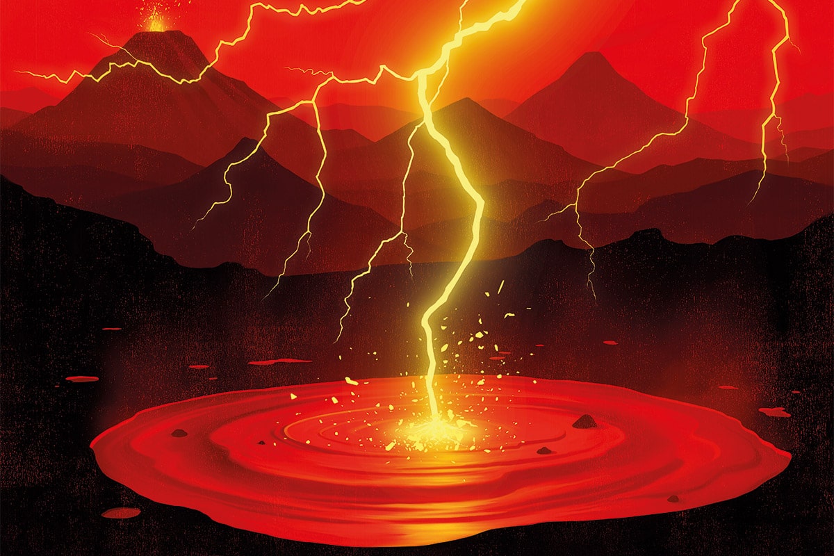 Illustration: Un éclair jaune frappe une mare de magma rouge. En arrière plan, des montagnes à l'horizon.