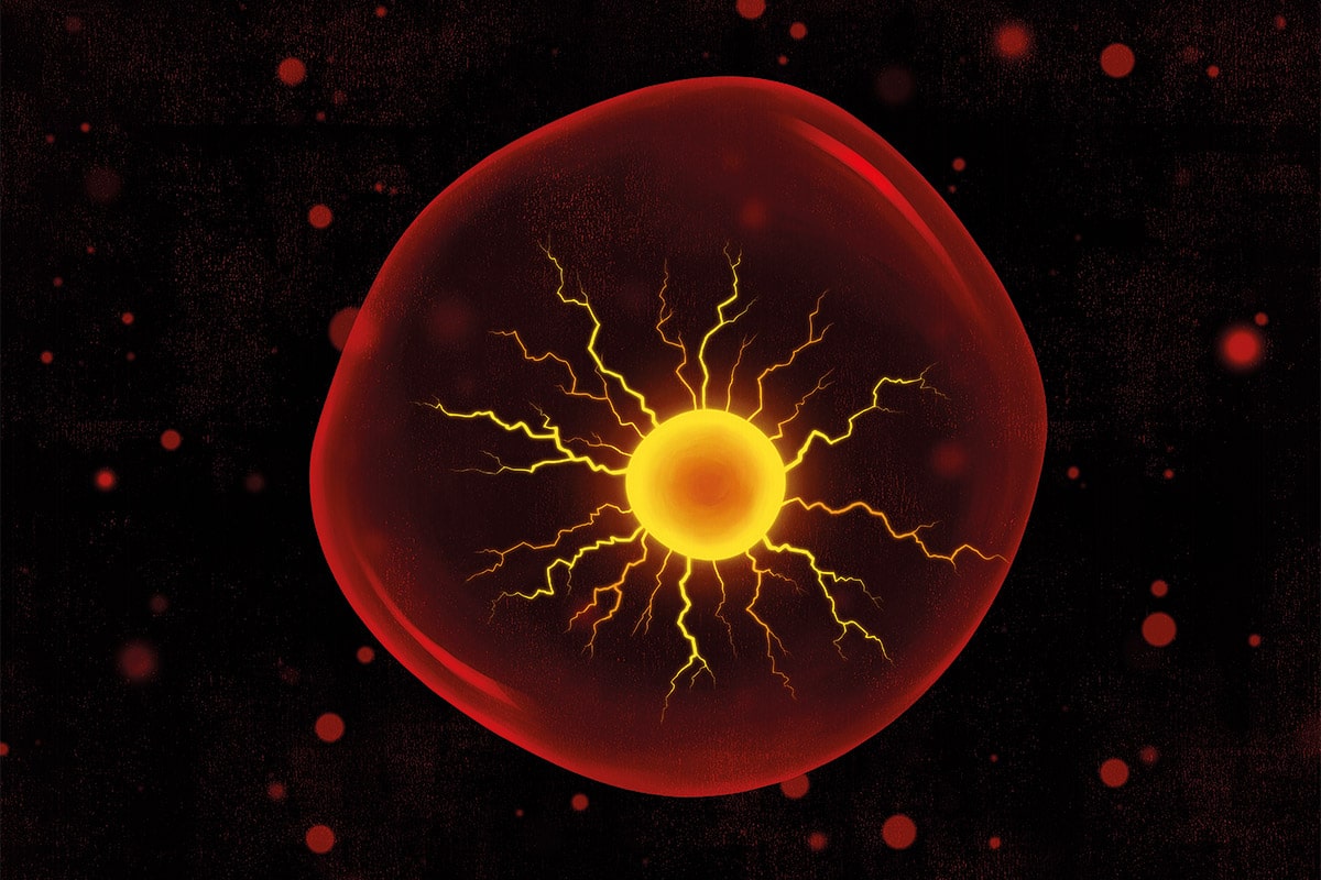 Illustration sur fond noir. Une sphère translucide rouge laisse voir, au centre, une sphère plus petite, jaune, dotée de minces tentacules pouvant ressembler à de petits éclairs.