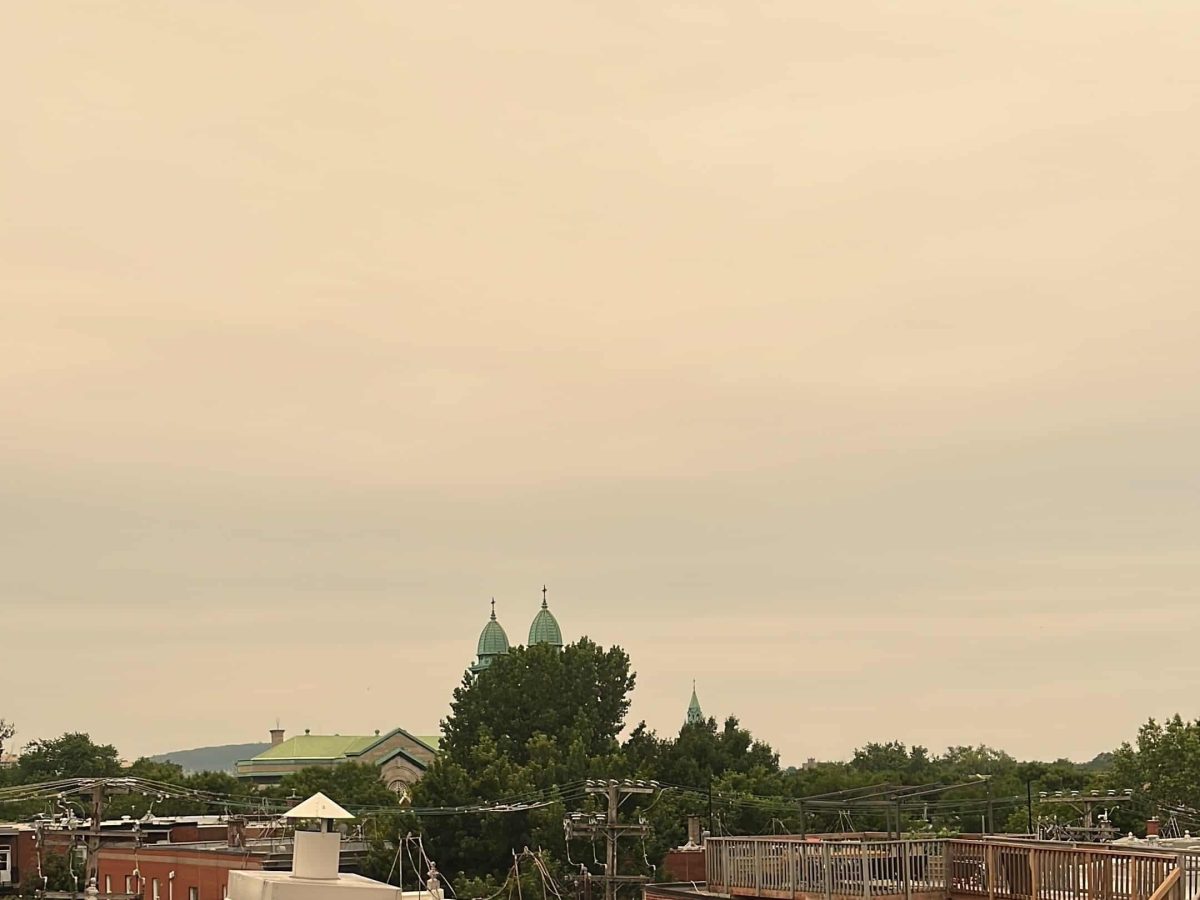 Photo prise à partir d'un toit d'immeuble. Ciel d'été nuageux de teinte jaunâtre. Au bas de la photo, on aperçoit le sommet des arbres, deux clochers d'église et le haut de bâtiments voisins.